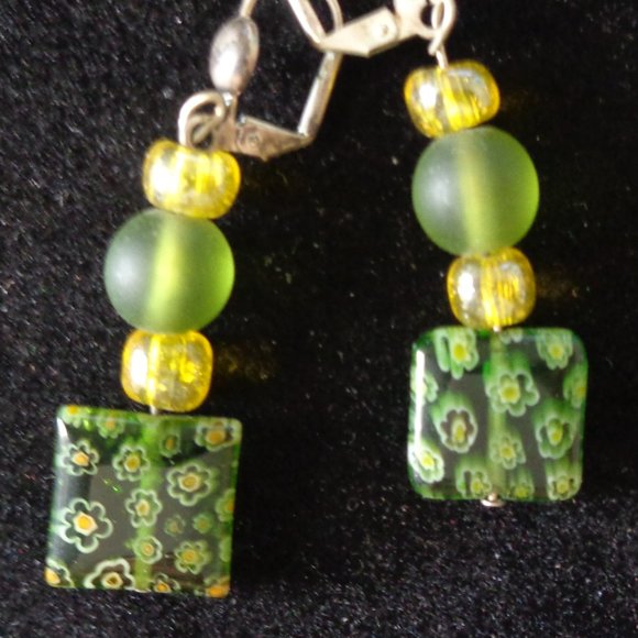 Olive Green MILLEFIORI DROP Dangle LEVER Back EARRINGS - Picture 1 of 2